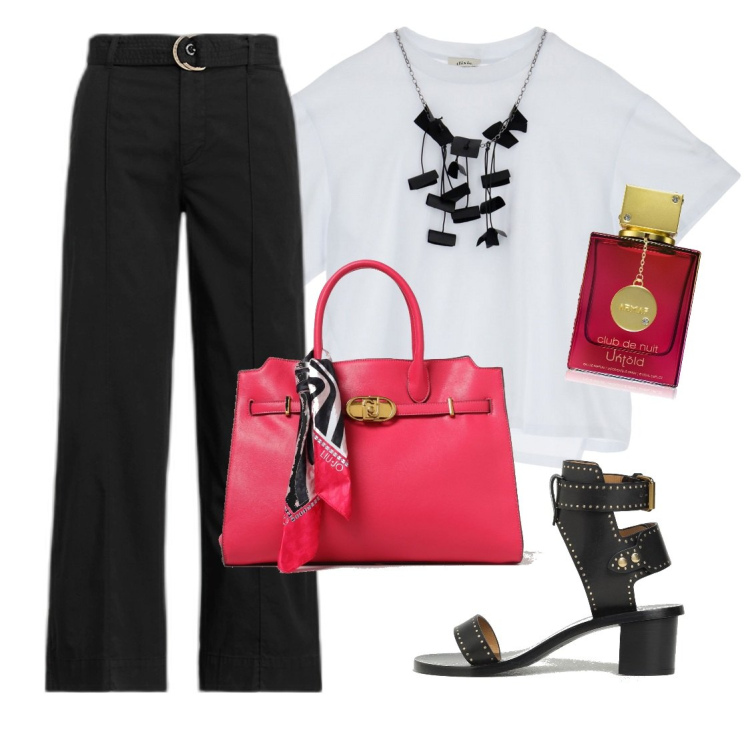 Outfit donna - Serata. Stile Casual chic per Serata fuori. Abbinamento con profumi, t-shirt, pantaloni, borse tote, sandali col tacco.