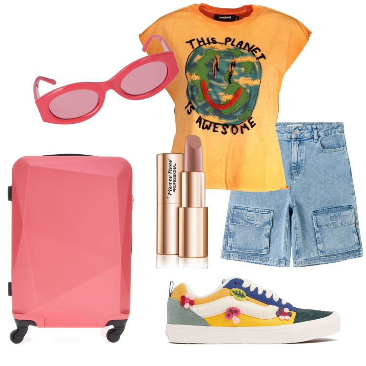 Outfit donna - I\'m ready!. Stile Trendy per Tutti i giorni. Abbinamento con rossetti, bermuda, sneakers, occhiali da sole, t-shirt, valigie.