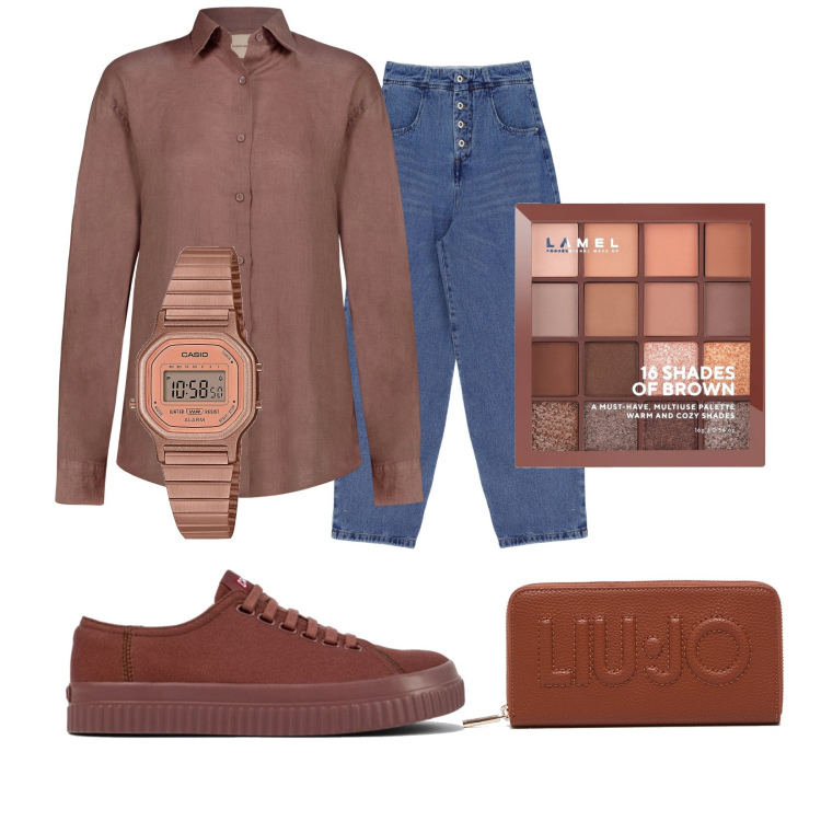 Outfit donna - Cacao. Stile Basic per Tutti i giorni. Abbinamento con orologi, ombretti, jeans, sneakers, camicie, portafogli.