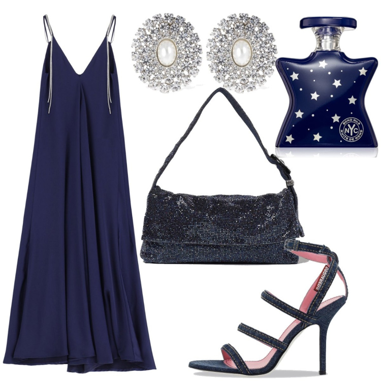 Outfit donna - Total look #1896136. Stile Chic per Cerimonia. Abbinamento con profumi, vestiti lunghi, sandali col tacco, borse a spalla, orecchini.