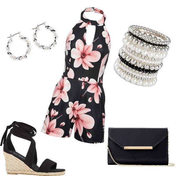 Outfit donna - Sere d\'estate a fiori. Stile Glamour per Serata fuori. Abbinamento con braccialetti, orecchini, tute, pochette, sandali.