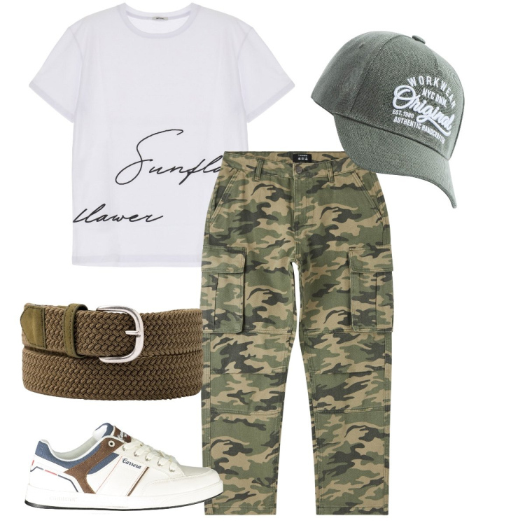 Outfit uomo - I pantaloni mimetici. Stile Casual per Tutti i giorni. Abbinamento con pantaloni cargo, cappelli, t-shirt, sneakers, cinture.
