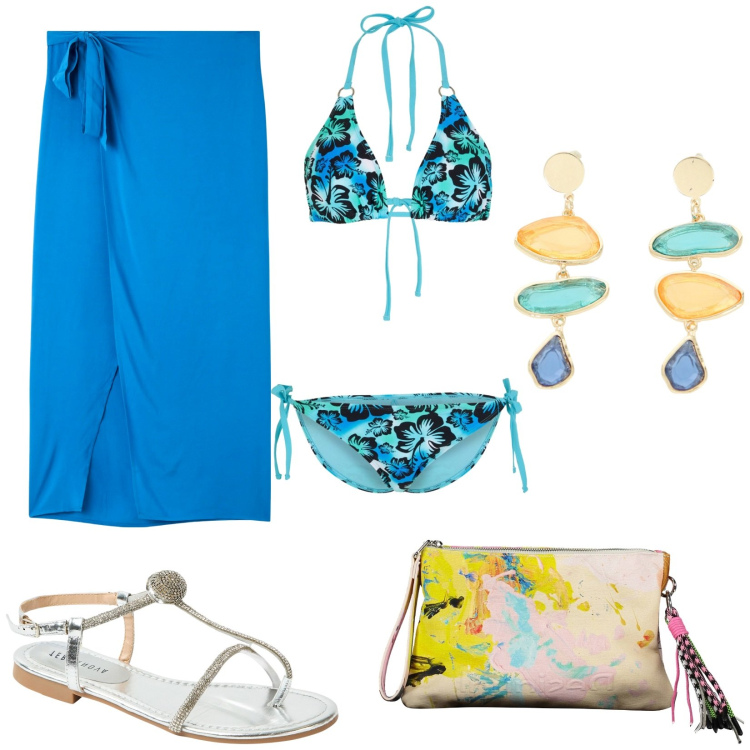 Outfit donna - Aperitivo sulla spiaggia. Stile Chic per Mare. Abbinamento con bikini, vestiti da spiaggia, ciabatte, orecchini, borse a mano.