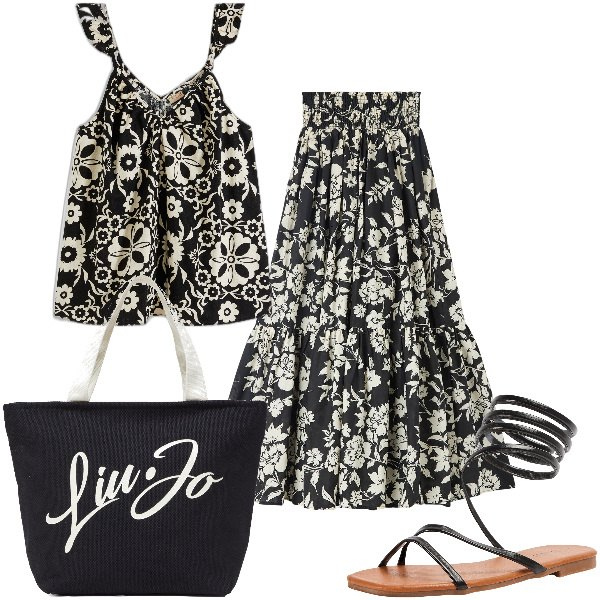 Outfit donna - Total look #1896196. Stile Etnico per Tutti i giorni. Abbinamento con top, gonne lunghe, sandali, shopping bag.