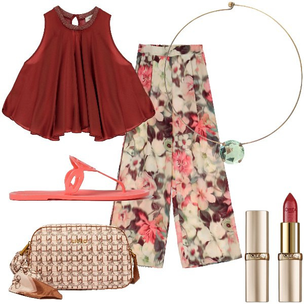 Outfit donna - Total look #1896201. Stile Casual chic per Tutti i giorni. Abbinamento con rossetti, pantaloni, ciondoli, top, borse a tracolla, ciabatte.