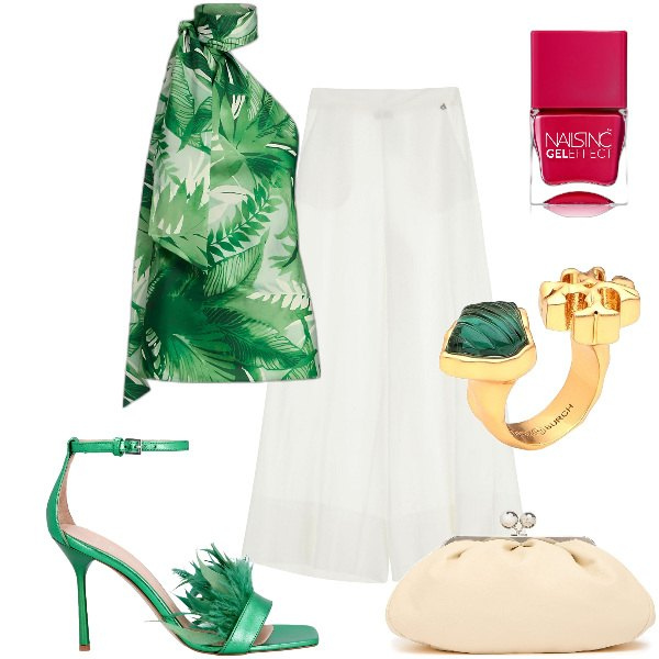 Outfit donna - Total look #1896204. Stile Glamour per Serata fuori. Abbinamento con anelli, smalti, pantaloni a palazzo, top, sandali col tacco, pochette.