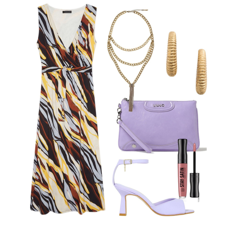 Outfit donna - Ghost outfitter - giugno. Stile Chic per Tutti i giorni. Abbinamento con collane, rossetti, décolleté, orecchini, vestiti lunghi, borse a tracolla.