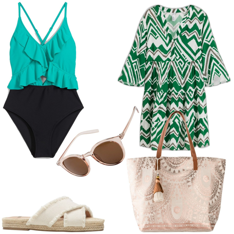 Outfit donna - Bonprix sunset look. Stile Basic per Mare. Abbinamento con ciabatte, occhiali da sole, vestiti, costumi interi, shopping bag.
