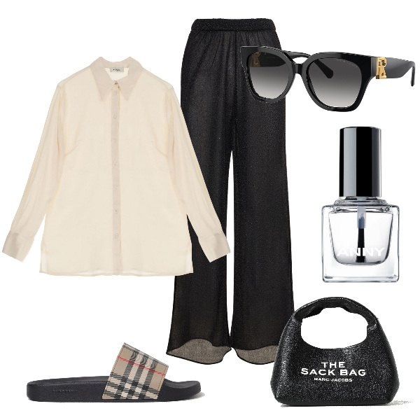 Outfit donna - Total look #1896210. Stile Minimal per Serata fuori. Abbinamento con smalti, camicie, occhiali da sole, pantaloni, ciabatte, pochette.