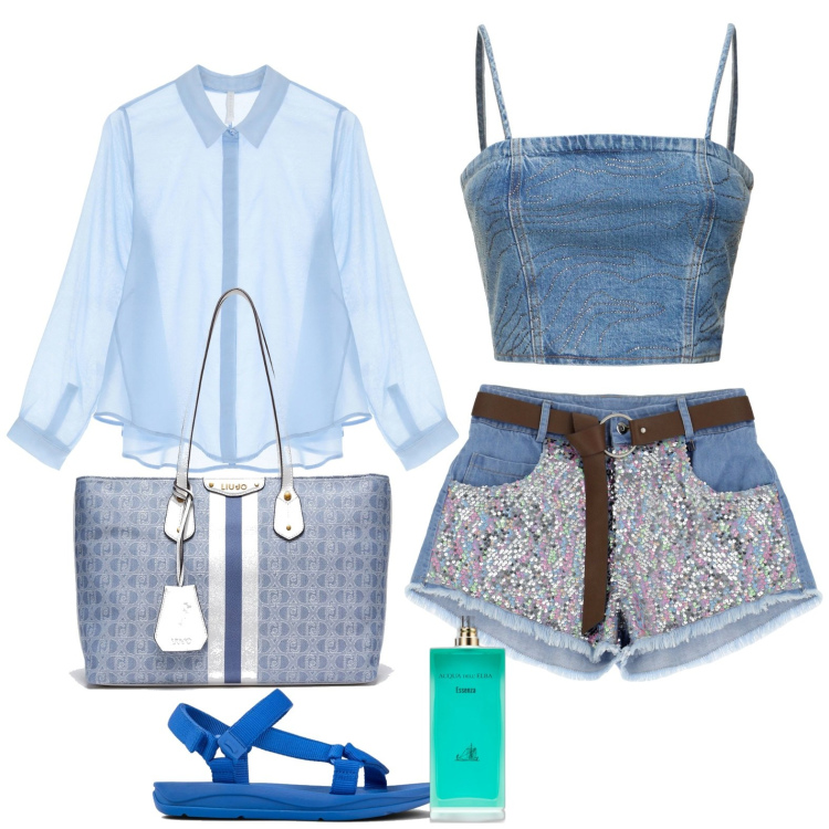 Outfit donna - Colori del mare. Stile Vintage retrò per Mare. Abbinamento con profumi, camicie, shorts, shopping bag, top, sandali.