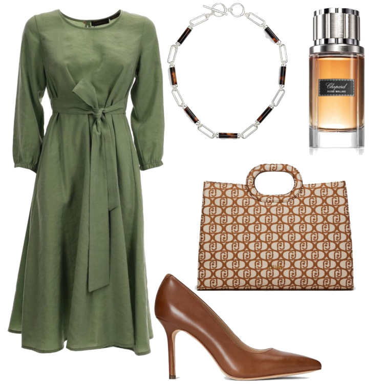Outfit donna - Business woman. Stile Minimal per Ufficio. Abbinamento con profumi, collane, décolleté, vestiti lunghi, shopping bag.