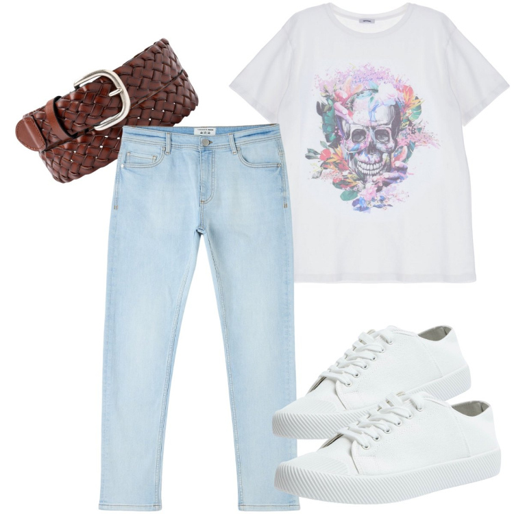 Outfit uomo - La t-shirt col teschio. Stile Casual per Tutti i giorni. Abbinamento con jeans skinny, sneakers, t-shirt, cinture.