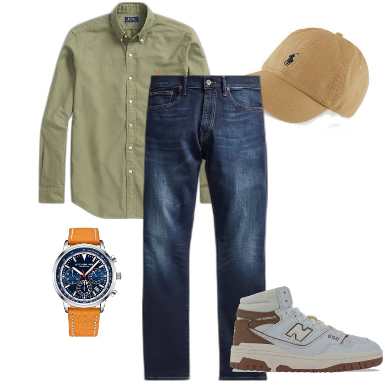 Outfit uomo - Al palazzetto dello sport. Stile Casual per Sport. Abbinamento con orologi, jeans, cappelli, camicie, sneakers.