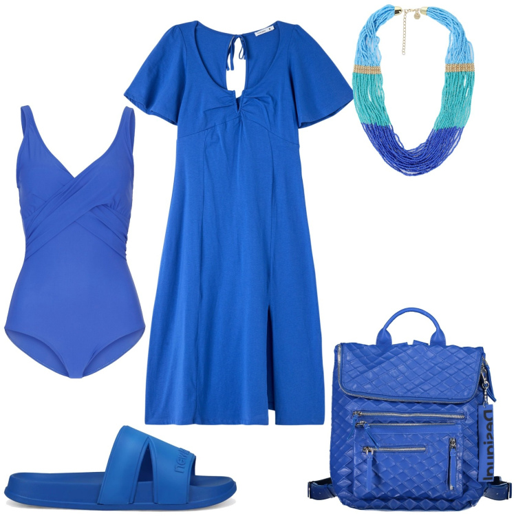 Outfit donna - Mamma al mare. Stile Casual chic per Mare. Abbinamento con costumi interi, vestiti, sandali, collane, zaini.