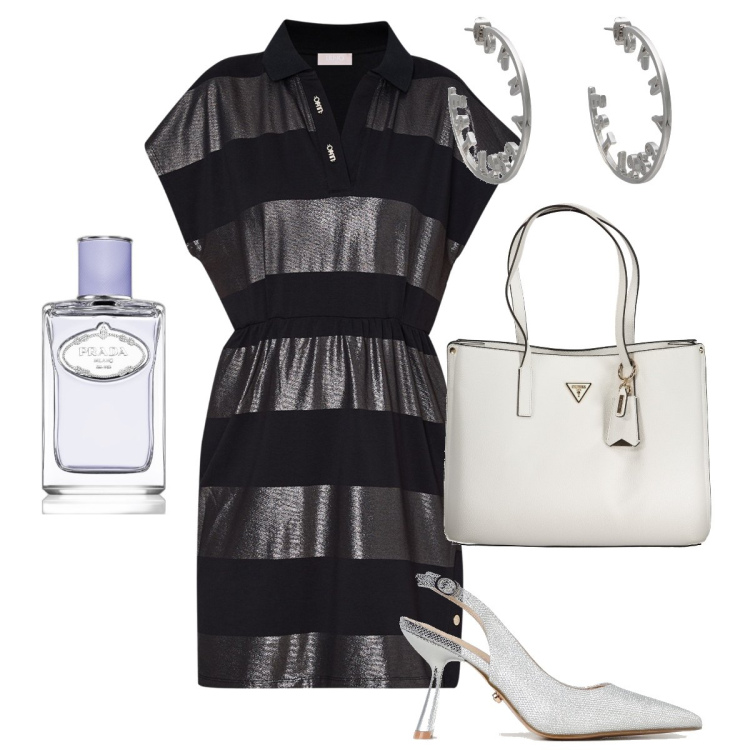 Outfit donna - Righe nere ed argentate. Stile Sexy per Serata fuori. Abbinamento con orecchini, profumi, vestiti corti, scarpe col tacco, borse a spalla.