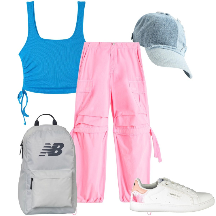 Outfit donna - Il rosa di Freddy. Stile Sporty chic per Sport. Abbinamento con canottiere, cappelli, zaini, pantaloni cargo, sneakers.