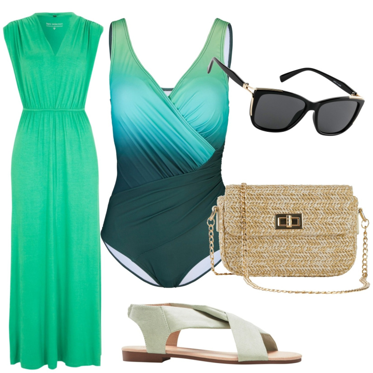 Outfit donna - Total look #1896311. Stile Casual chic per Mare. Abbinamento con costumi interi, vestiti lunghi, sandali, borse a mano, occhiali da sole.