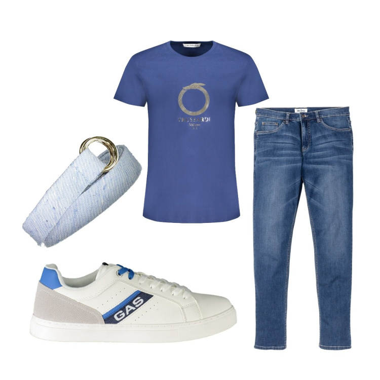 Outfit uomo - La t-shirt Trussardi. Stile Casual per Tutti i giorni. Abbinamento con jeans, sneakers, cinture, t-shirt.