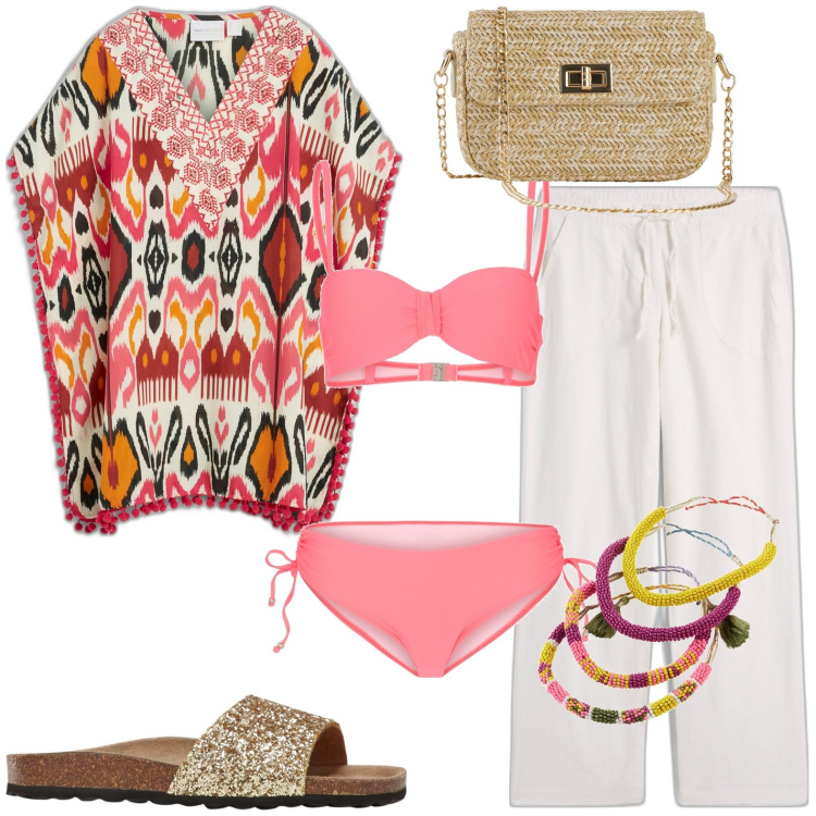 Outfit donna - Look mare. Stile Casual per Tutti i giorni. Abbinamento con pantaloni a palazzo, tuniche, bikini, ciabatte, braccialetti, borse a mano.