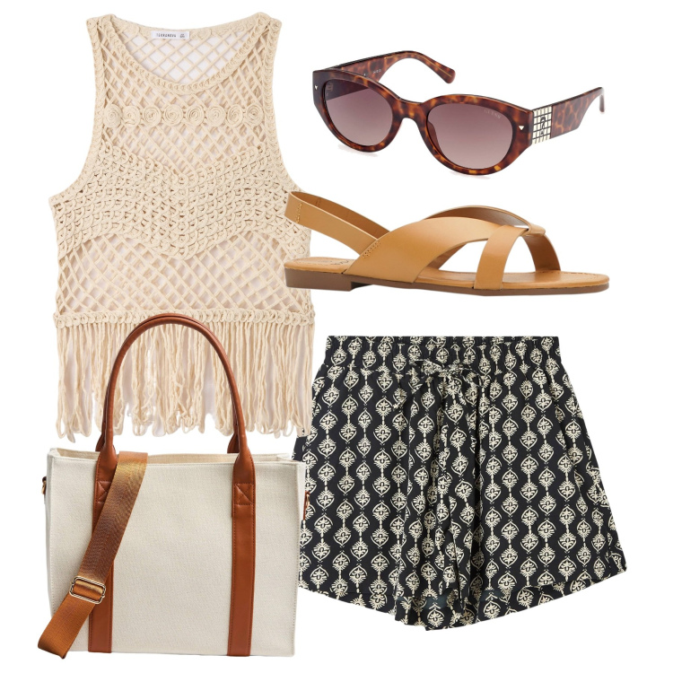 Outfit donna - Con le frange. Stile Casual chic per Tutti i giorni. Abbinamento con sandali, shorts, shopping bag, top, occhiali da sole.
