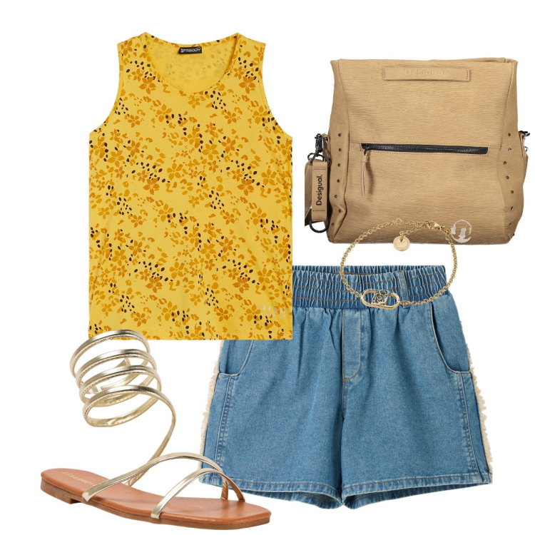 Outfit donna - Estiva. Stile Casual chic per Tutti i giorni. Abbinamento con shorts, sandali, canottiere, borse a spalla, braccialetti.