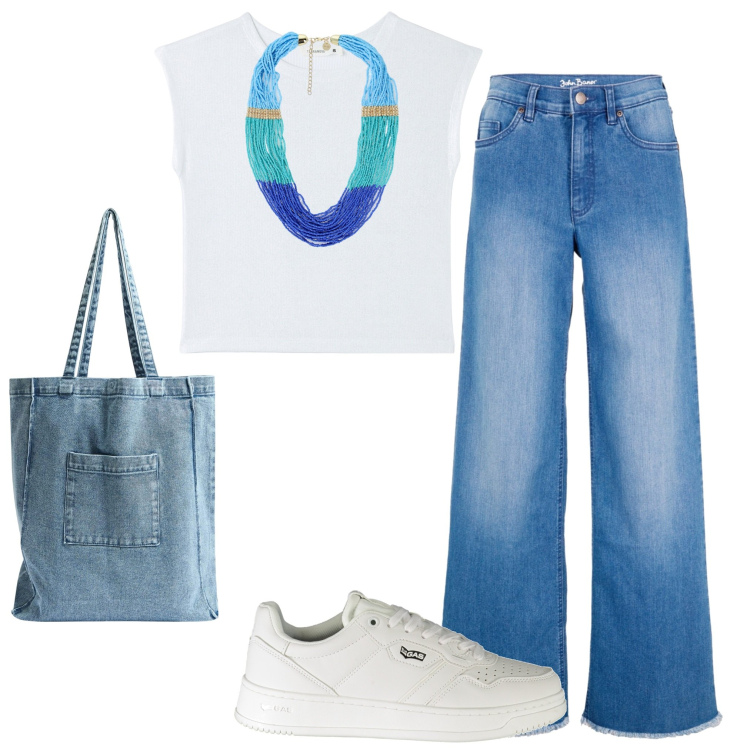Outfit donna - Basico. Stile Casual per Tutti i giorni. Abbinamento con jeans, collane, t-shirt, shopping bag, sneakers.