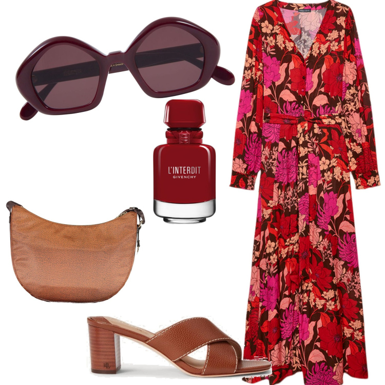 Outfit donna - Tutti i giorni. Stile Boho per Tutti i giorni. Abbinamento con profumi, sandali in pelle, vestiti lunghi, occhiali da sole, borse a tracolla.