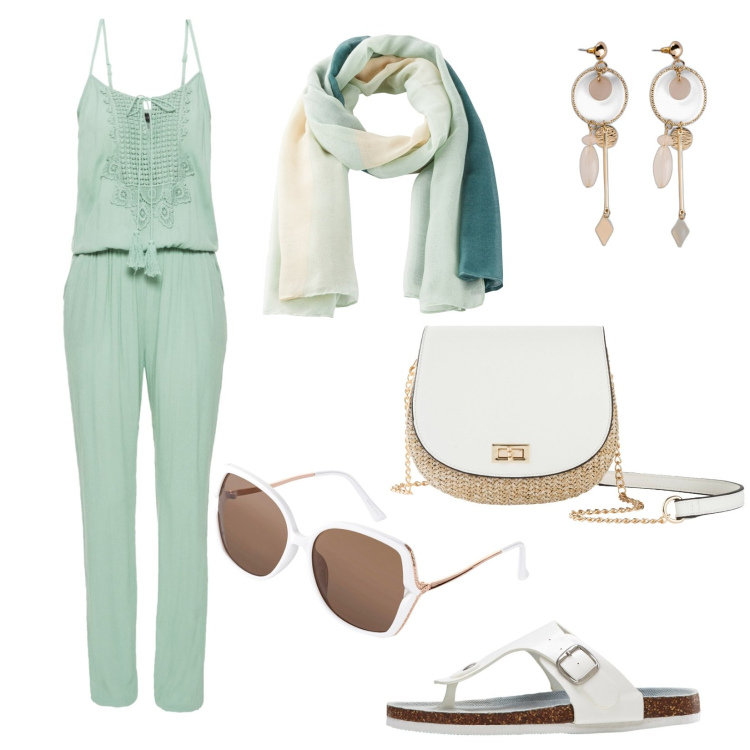 Outfit donna - Tuta verde. Abbinamento con borse a tracolla, infradito, orecchini, tute, sciarpe, occhiali da sole.