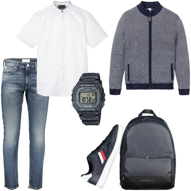 Outfit uomo - Total look #1896380. Stile Urban per Tutti i giorni. Abbinamento con camicie a manica corta, cardigans, orologi, jeans, scarpe sportive, borse sportive.