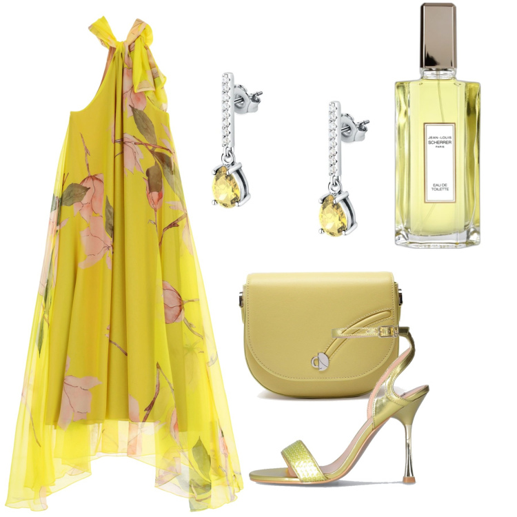 Outfit donna - La festa a luglio. Stile Chic per Cerimonia. Abbinamento con orecchini, profumi, vestiti lunghi, sandali col tacco, borse a tracolla.