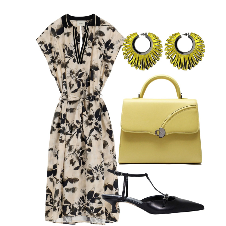 Outfit donna - Coreana. Stile Bon Ton per Ufficio. Abbinamento con vestiti lunghi, sandali col tacco, borse a mano, orecchini.