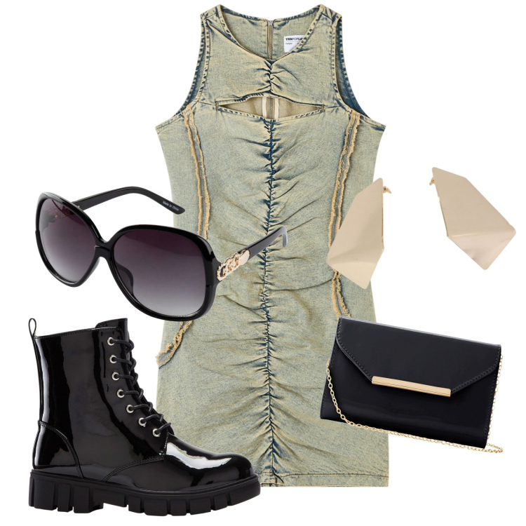 Outfit donna - Verde oliva. Stile Bon Ton per Tutti i giorni. look ideale per Petite. Abbinamento con occhiali da sole, pochette, stivaletti, vestiti senza maniche, orecchini.