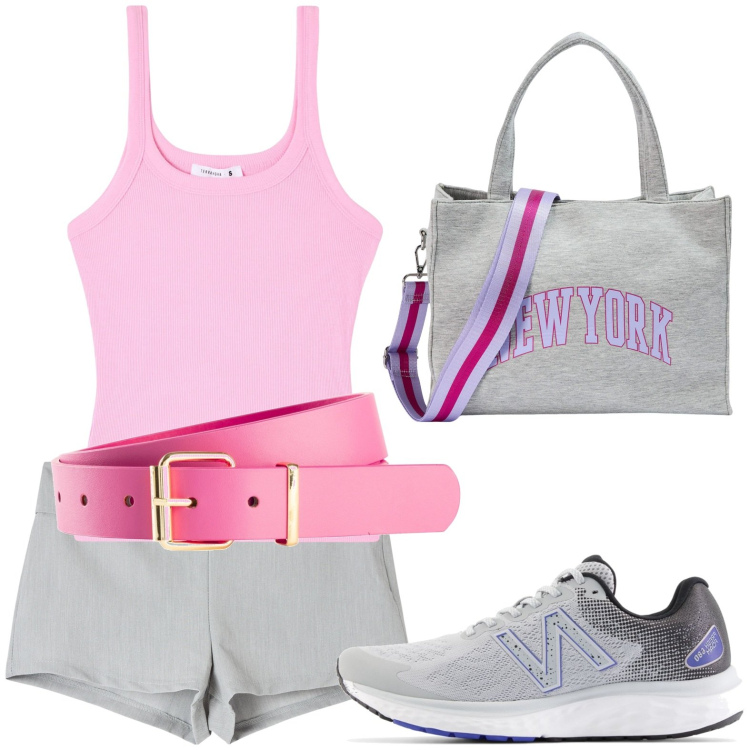 Outfit donna - Short. Stile Casual per Tutti i giorni. look ideale per Petite. Abbinamento con cinture, shopping bag, canottiere, shorts, scarpe sportive.