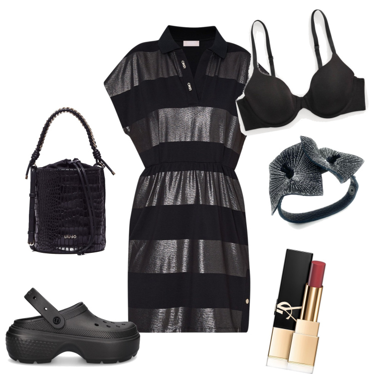 Outfit donna - Lipstick sul total black. Stile Trendy per Tutti i giorni. Abbinamento con rossetti, braccialetti, reggiseni, zeppe, vestiti corti, borse a secchiello.