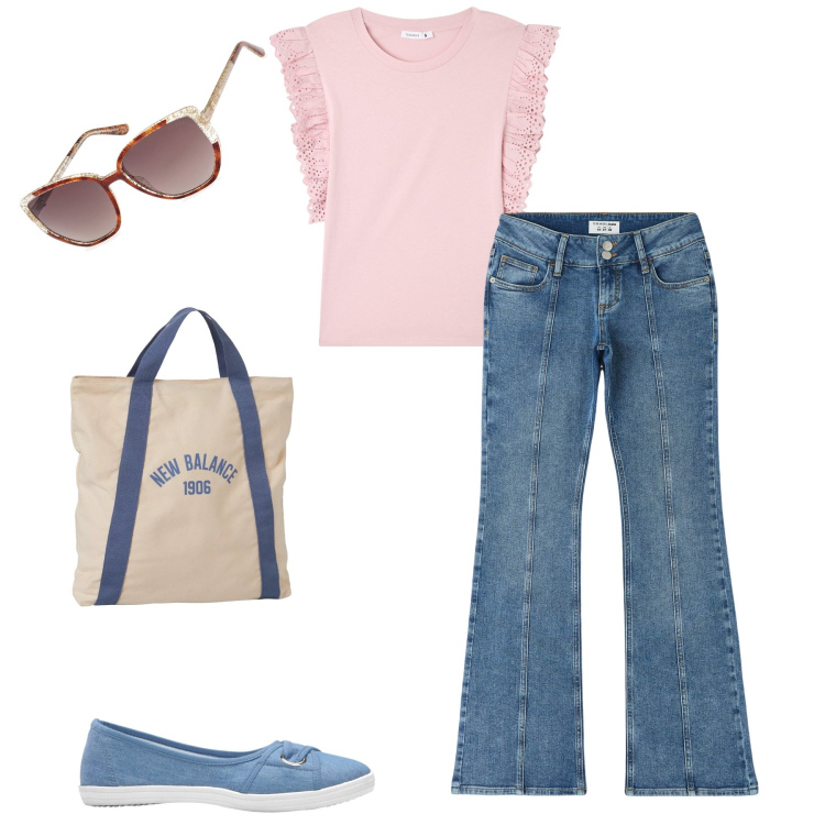 Outfit donna - T-shirt e jeans per commissioni. Stile Basic per Tutti i giorni. Abbinamento con ballerine, t-shirt, jeans a zampa, borse a mano, occhiali da sole.