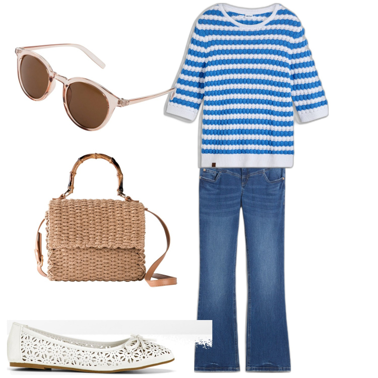 Outfit donna - Fresco look. Stile Basic per Tutti i giorni. Abbinamento con occhiali da sole, jeans bootcut, borse a mano, maglieria, ballerine.