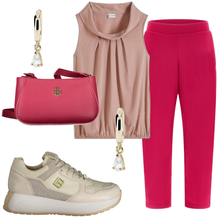 Outfit donna - Pantalone rosso. Stile Casual per Tutti i giorni. look ideale per Petite. Abbinamento con top, orecchini, pantaloni, sneakers, borse a tracolla.