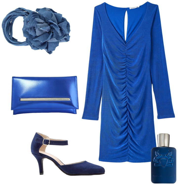 Outfit donna - Cerimonia in blu. Stile Chic per Cerimonia. Abbinamento con décolleté, profumi, vestiti, pochette, collane.