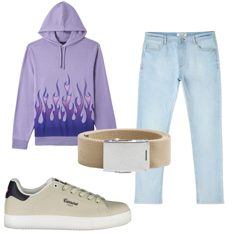 Outfit uomo - Total look #1896490. Stile Trendy per Tutti i giorni. Abbinamento con jeans skinny, felpe con cappuccio, cinture, scarpe sportive.