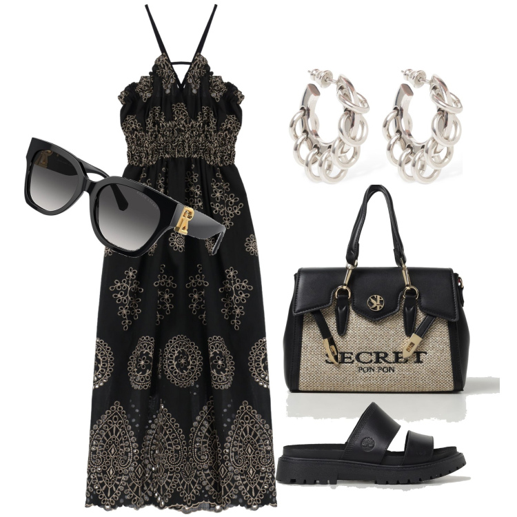 Outfit donna - Ghost outfitter - giugno. Stile Boho per Tutti i giorni. Abbinamento con vestiti lunghi, occhiali da sole, sandali in pelle, borse a mano, orecchini.