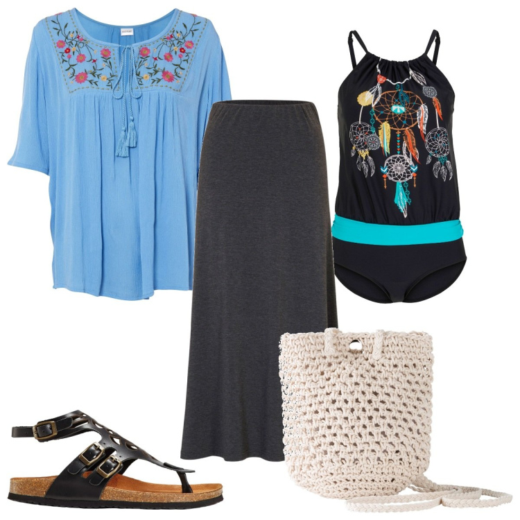 Outfit donna - bonprix : estate etnica. Stile Etnico per Mare. Abbinamento con sandali in pelle, tuniche, gonne, borse a tracolla, costumi interi.
