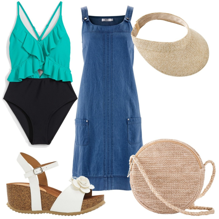 Outfit donna - bonprix: estate basic. Stile Basic per Mare. Abbinamento con vestiti senza maniche, sandali, cappelli con visiera, costumi interi, borse a tracolla.