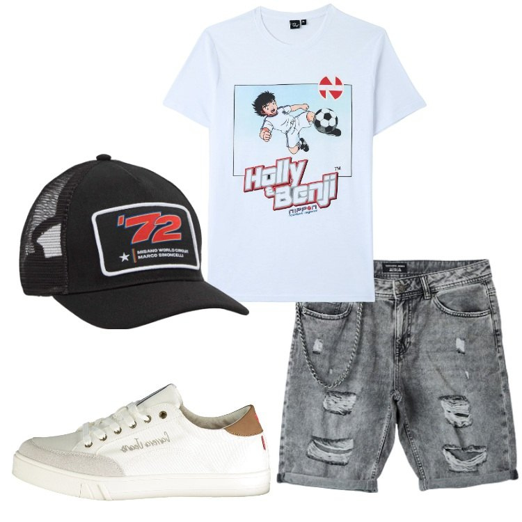 Outfit uomo - Holly & Benji. Stile Casual per Tutti i giorni. Abbinamento con cappelli, t-shirt, bermuda, sneakers.