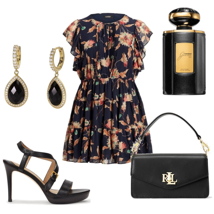 Outfit donna - Primo appuntamento. Stile Chic per Serata fuori. Abbinamento con profumi, orecchini, vestiti, borse a tracolla, sandali in pelle.