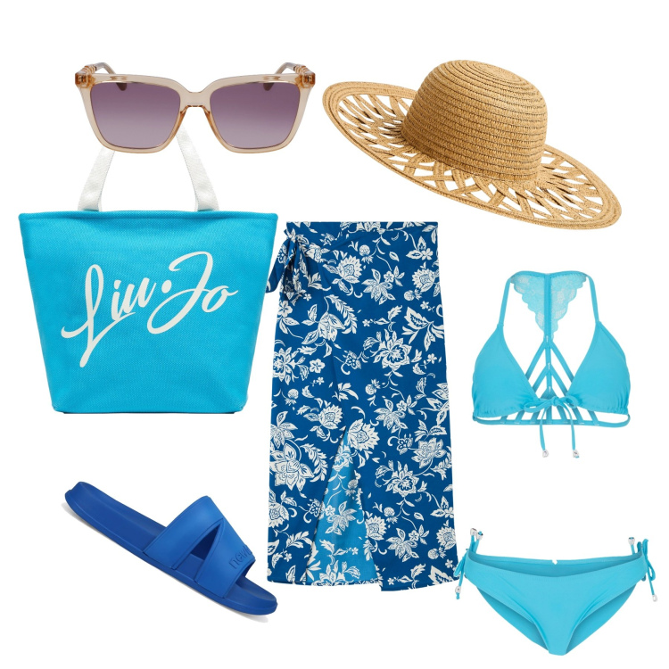 Outfit donna - Azzurro mare. Stile Casual per Mare. Abbinamento con bikini, vestiti da spiaggia, cappelli, sandali, occhiali da sole, shopping bag.