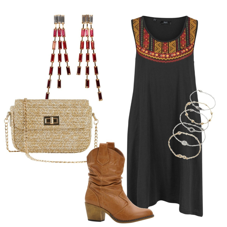 Outfit donna - Abito nero stile etnico. Stile Etnico per Serata fuori. Abbinamento con braccialetti con ciondoli, stivaletti texani, orecchini, vestiti senza maniche, borse a mano.