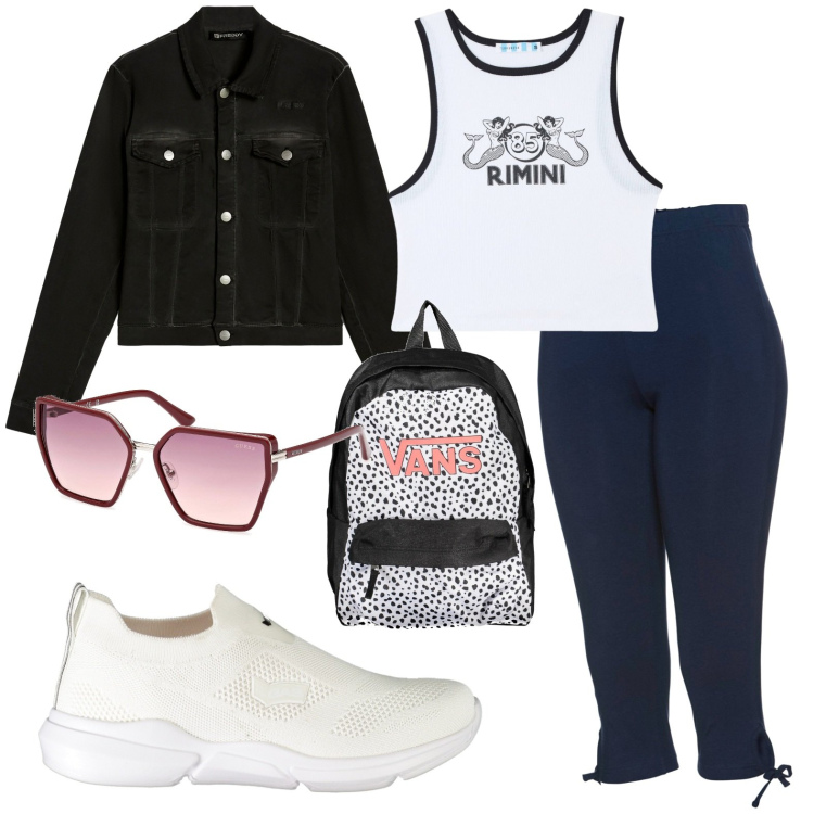 Outfit donna - Sportiva. Stile Casual per Tutti i giorni. Abbinamento con leggings, canottiere, blazer, sneakers, occhiali da sole, zaini.