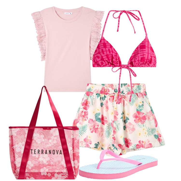 Outfit donna - Mare rosa. Stile Romantica per Mare. Abbinamento con t-shirt, shopping bag, shorts, infradito, bikini.