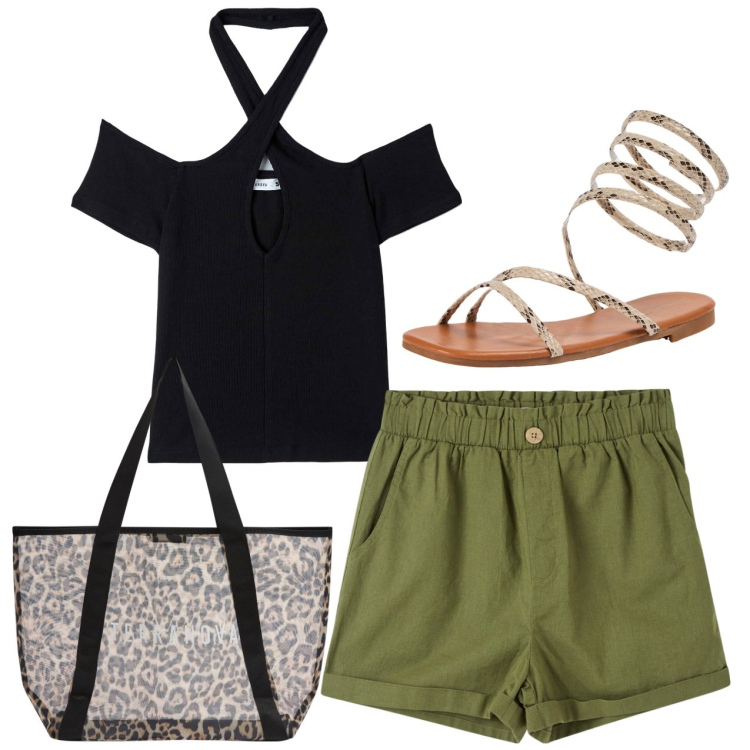 Outfit donna - In città. Stile Casual chic per Tutti i giorni. Abbinamento con pantaloni corti, sandali, shopping bag, t-shirt.