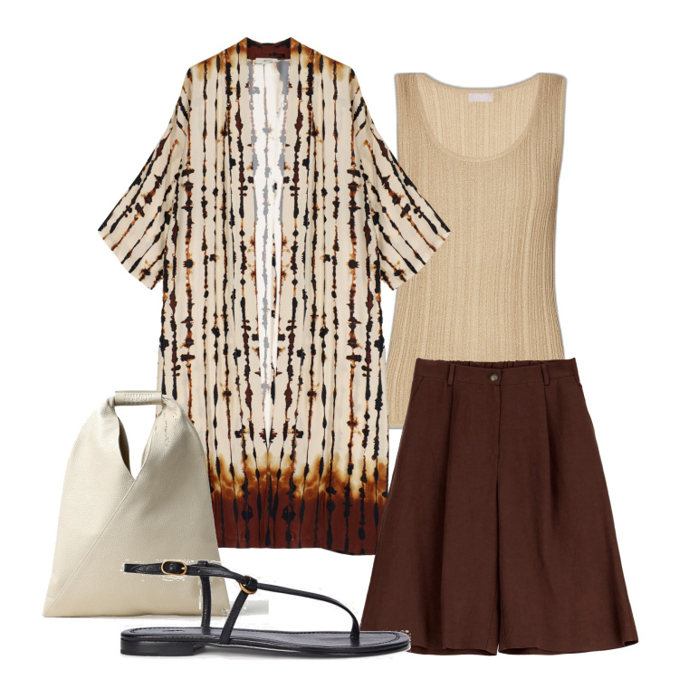 Outfit donna - Japan style. Stile Chic per Tutti i giorni. Abbinamento con cardigans, bermuda, sandali in pelle, top, borse a mano.